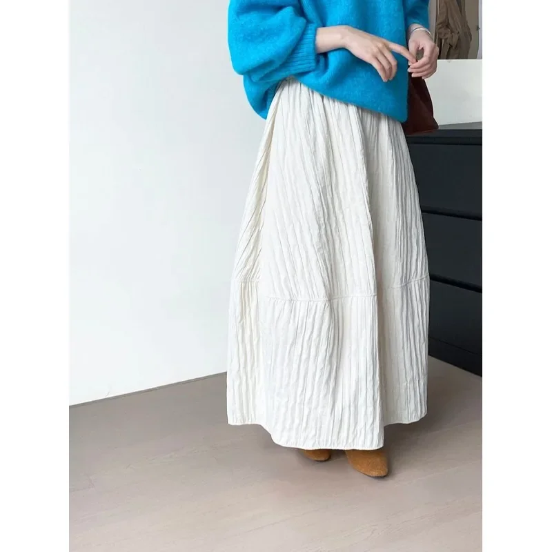 

Women Loose All-Match Stripe Solid Flower Bud Skirt Silk Line Warm Skirt Lantern Dress Winter Korean Slim Loose Skirt Sle