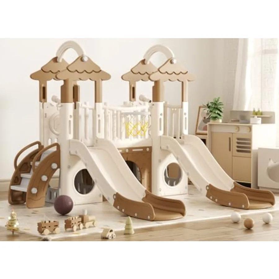 

Игровой комплекс 9 в 1 для малышей: горка-джунгли с двойной горкой, баскетбольным кольцом, туннелем и местом для хранения, для улицы и дома