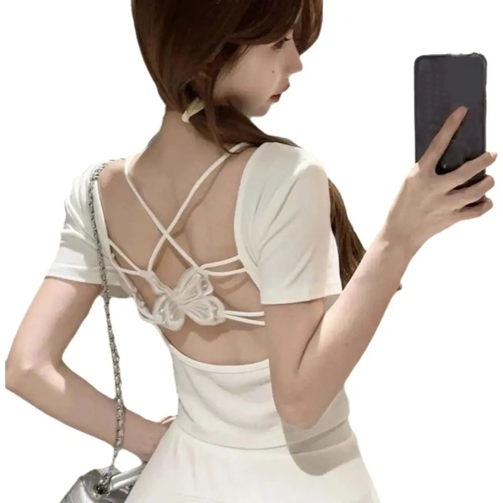 Ins Backness Bowknot Lace-up Top Hollow-out Bottoming Shirt Slim Short Crop Top Chic Y2K Short Sleeve T-shirts Streetwear
