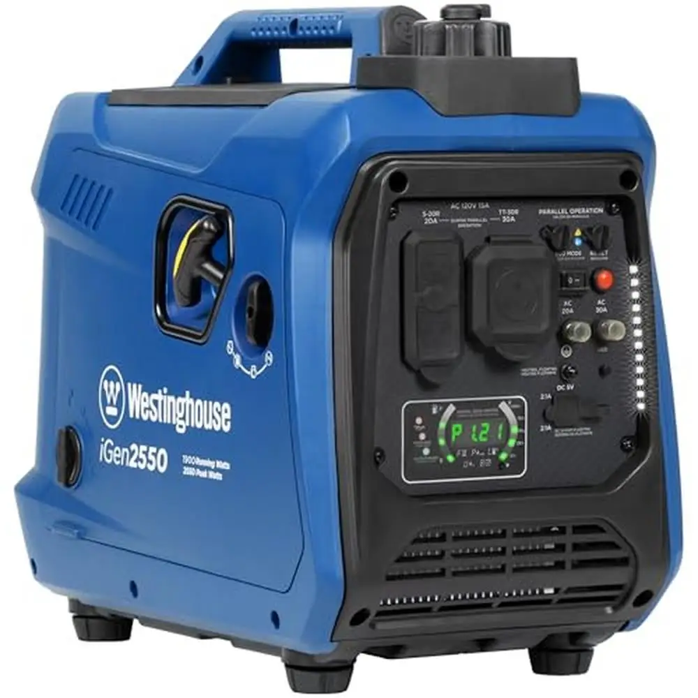 Portable Inverter Generator RV Ready 30A Outlet Gas Powered Quiet Lightweight 2550W Peak Capable Long Run Eco Mode LED Display