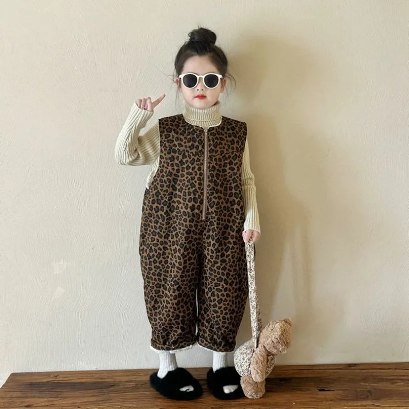 Korean Autumn Winter Kids Velvet Leopard Print Jumpsuit Thick Warm Baby Boys Romper Clothes Infant Baby Girls Overalls Onesie