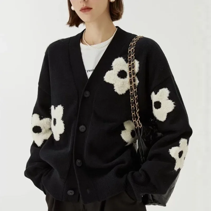 

2025 New Loose Knitted Cardigan Women's Clothes V-neck Lazy Style Three Dimensional Embroidered Flower Sweater Coat