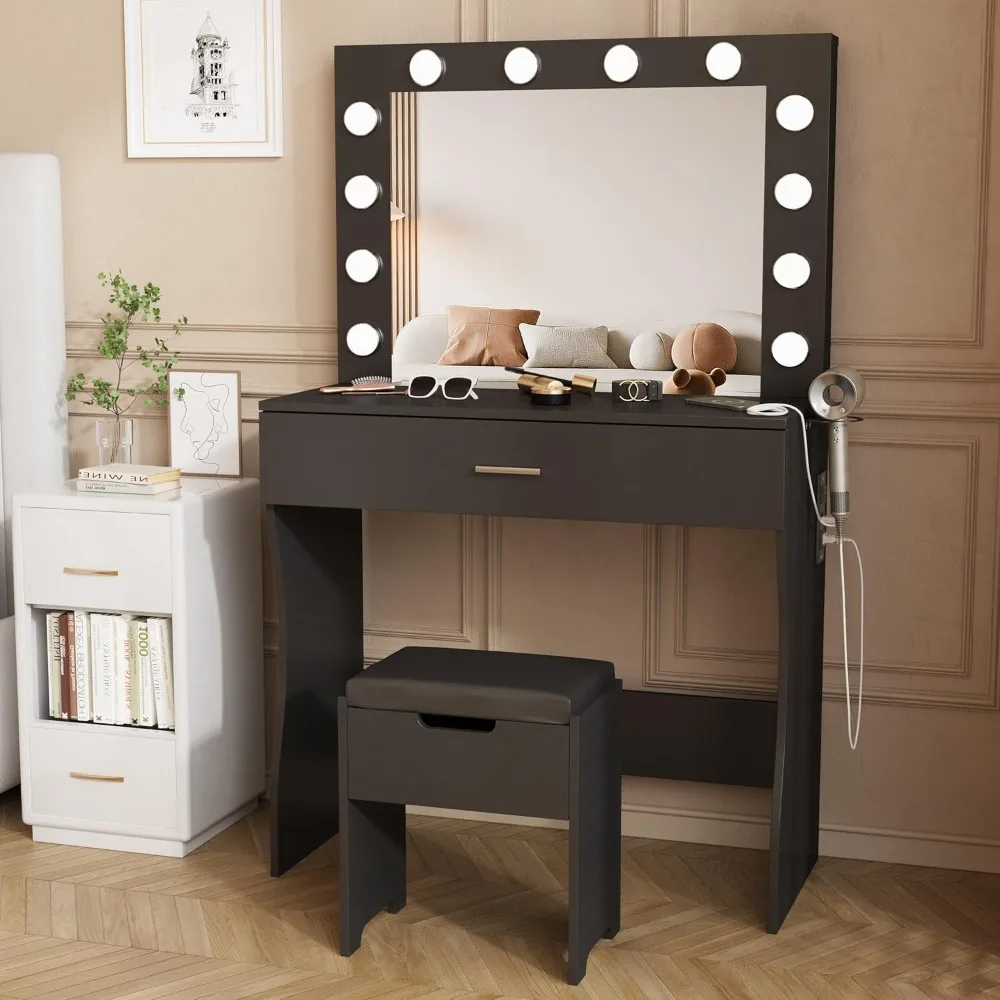 Makeup Vanity Set with Light Mirror and Charging Station, Adjustable Brightness, 3 Lighting Modes, Soft Cushioned Chair