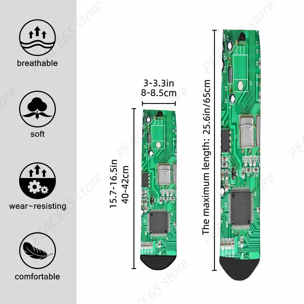 Mens Socks Circuit Board Funny Novelty Crazy Crew Socks Green Printed Computer Motherboard with Microcircuit Socks