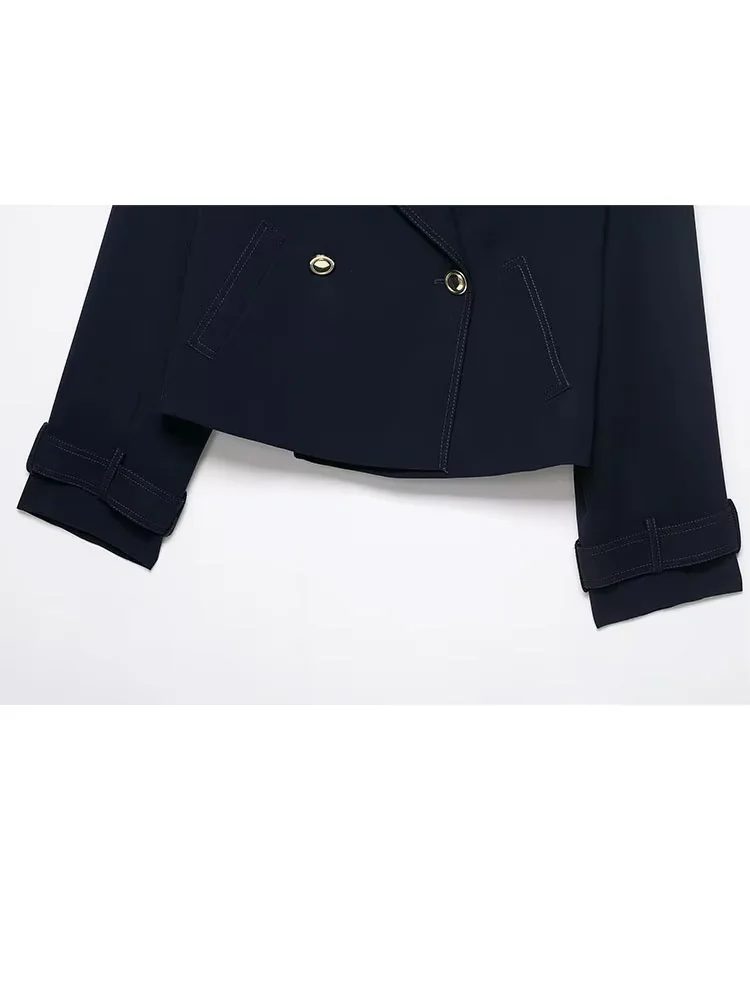 Hh feminino outono high street jaquetas sólido turn-down colarinho bolsos duplo breasted moda feminina mangas compridas casacos 2025