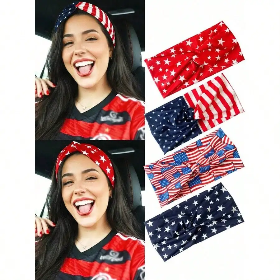 1pc Women's 4th Of July Criss-Cross Star Spangled Banner Print Elastic Headband, Breathable For Daily, Festival, Workout, Fitness, Suitable For Daily Wear, Festival Gift Summer Hair Accessories Beach Hair Band Vacay Sweatband,Holiday,Travel