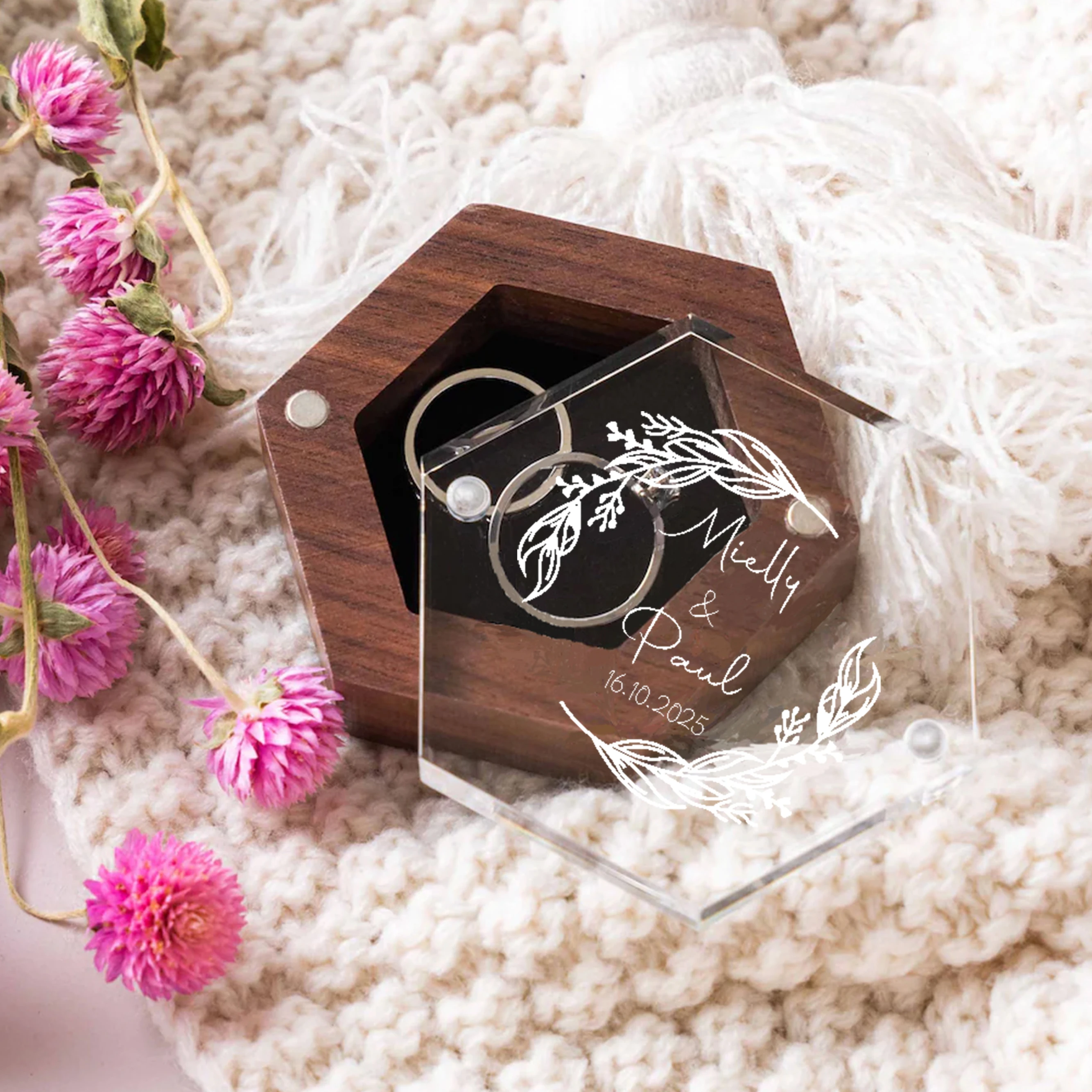 

Personalized Wedding Ring Box Ring Bearer with Acrylic Lid & Wood Base Engraved Ring Box for Engagement Wedding Ceremony Box