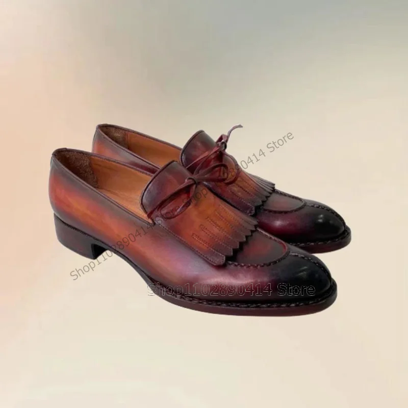 Borlas marrons artesanais masculinas, Decoração de nó arco, Mocassins de costura, Deslizamento sobre sapatos, Luxo, Festa de festa, Escritório, Sapatos de vestido, Moda