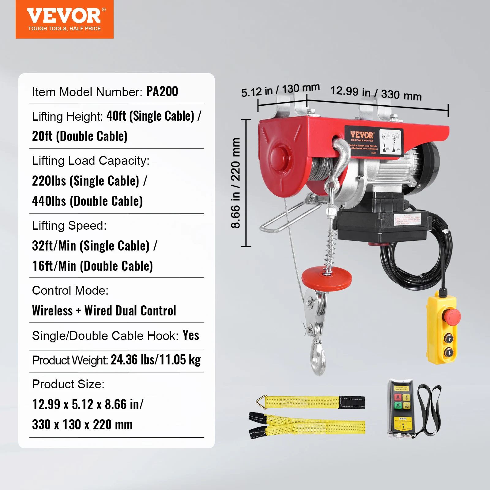SucceBuy 440lbs draadloze elektrische heftakel met 40ft enkele/20ft dubbele slings hefhoogte lifttakel voor garage - afbeelding 1