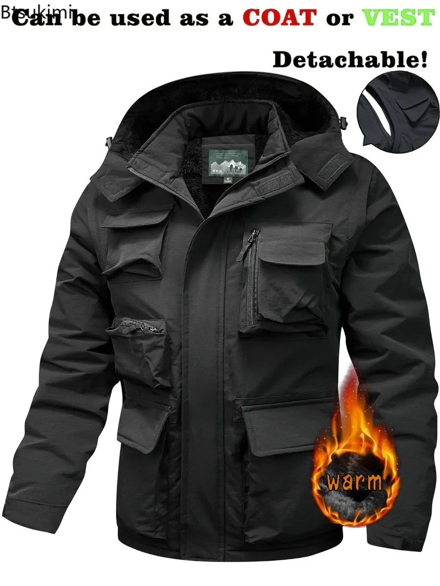 New Men's Winter Warm Jackets Coats Hooded Zipper Coat Pockets Casual Loose Coat Full Sleeve Elegant Splice Autumn Winter Coats