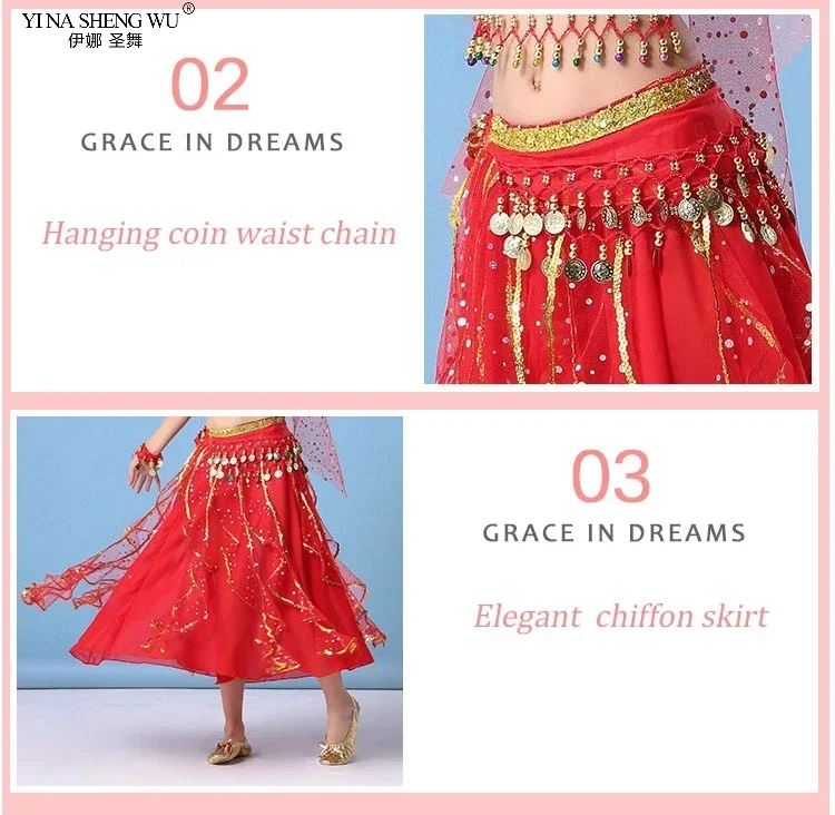 Indisches orientalisches ägyptisches Bauchtanz-Kostümset für Mädchen, 6 Farben, Bühnenoutfit für Kinder, Bauchtanzkleidung – Detail 3