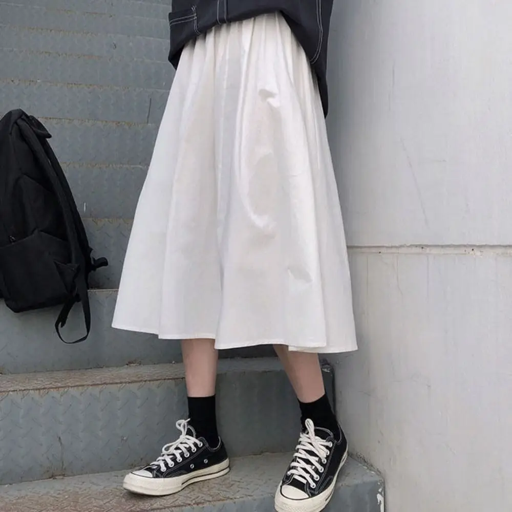 Rok Panjang Wanita High Waist Warna Solid, Rok Panjang High Waist Chic Patchwork Longgar Model A-line, Gaun Setengah Panjang untuk Sehari-hari