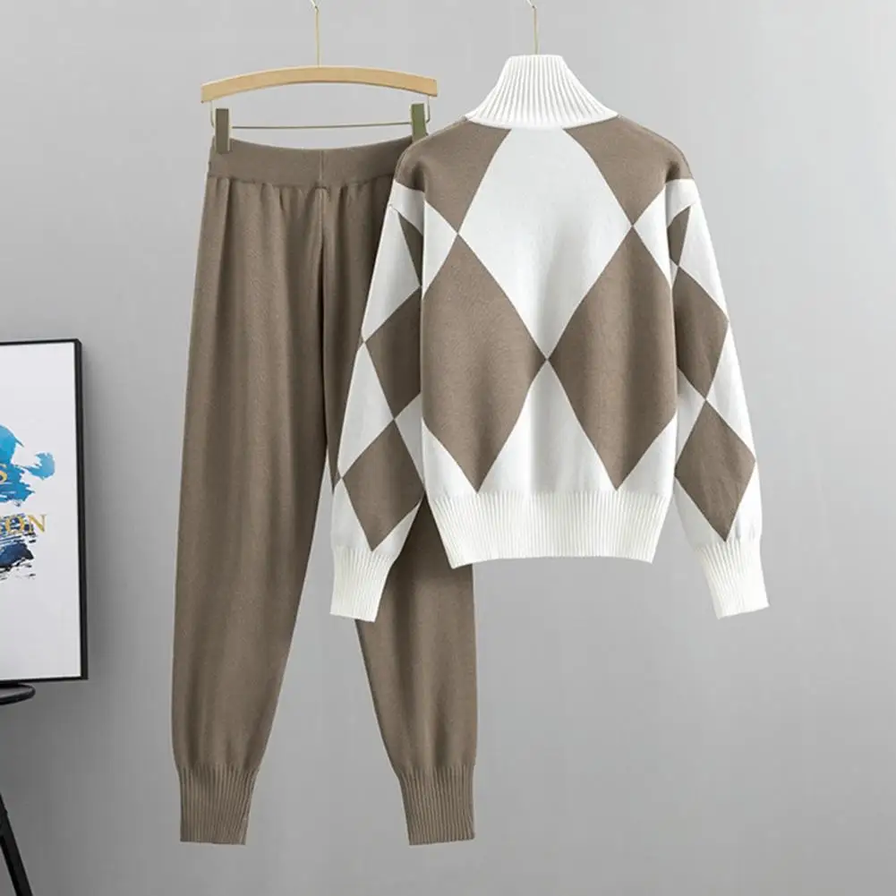 Ladies Two piece Suit Geometric Print Sweater Pants Set with High Collar Neck Winter Fall Suit for Women Knitted