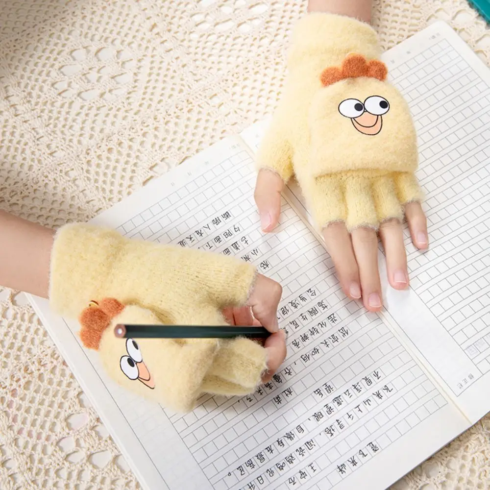 Cute Bear Winter Kids Gloves Half-Finger Flip Dual-purpose Warm Student Gloves Soft Fluffy Typing Writing