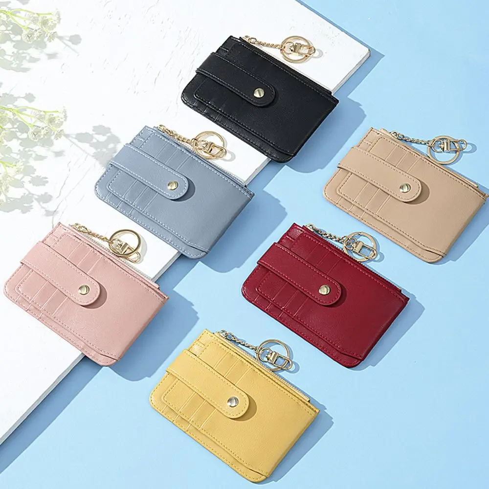 Ultra Thin Zipper Coin Purse PU Leather Bank Card Holder Short Clutch Bag With Key Chain Women Wallets Korean Style Wallets