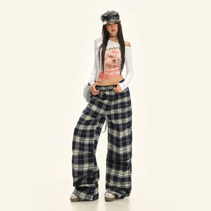 

Beaded plaid relaxed style casual sports pants, autumn high-waisted drapey wide-leg pants
