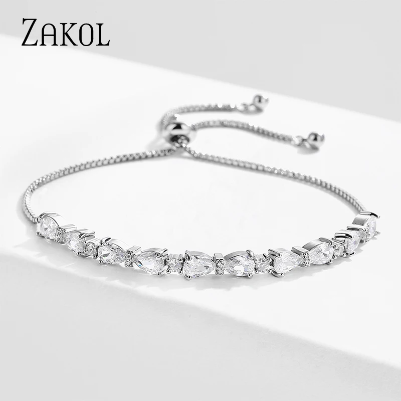 ZAKOL Simple Water Drop Zirconia Adjustable Bracelets for Women Fashion Wedding Party Anniversary Jewelry Gifts BP1021