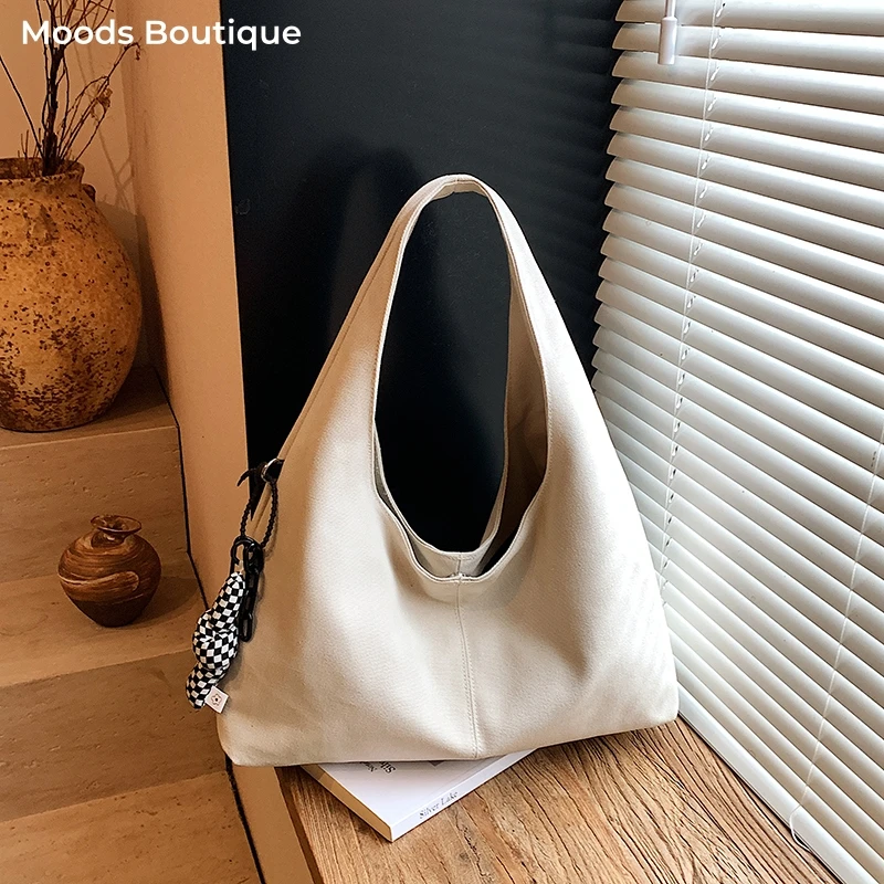 

High Quality Big Tote Bags For Women Canvas Fabric Solid Color Large Capacity Underarm Shopper Shoulder Hobo Bag With Pendant