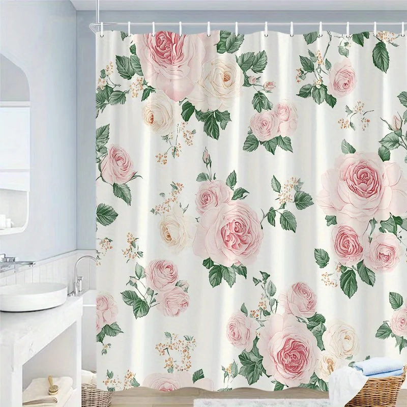 1pc Vintage Roses and Berries Shower Curtain - Large Pink Cream Roses, Green Leaves & Orange-White Berries on Soft Cream Backgro