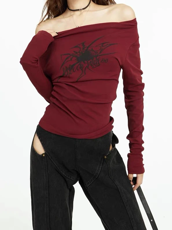 QWEconvex-Économie gothiques à manches longues pour femmes, haut court vintage, grunge graphique araignée, style coréen, K-pop, Y2k Off Initiated,