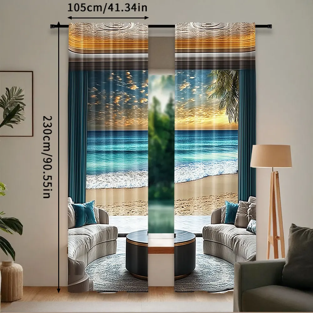 2Pcs Fantasy Scenery Curtain Abstract Seascape Ocean Horizon With Oriental Detailed Room Curtain For Bedroom Living Room And