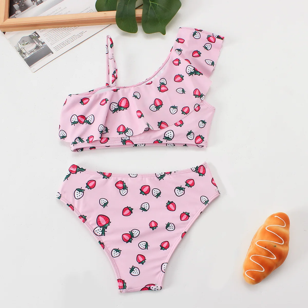 Girls Ruffle Bikini Two Pieces Swimsuit Kids Cat Footprints One Shoulder Children\'s Swimwear 7-12Years Teenager Bathing Suit