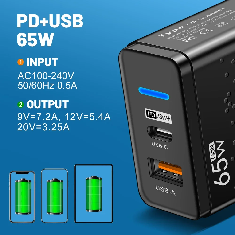 65W USB-A Type C GaN Chargers with LED Light Mobile Phones Fast Charging Travel Adapter for IPhone Samsung Xiaomi 17 Pro Max