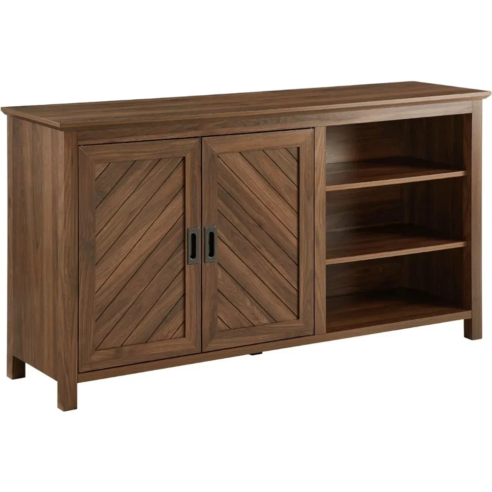 Modern Wood Grooved Buffet Sideboard With Open Storage-Entryway Serving Storage Cabinet Doors-Dining Room Console 58 Inch Ledge