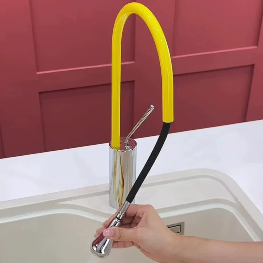Yellow Color Kitchen Basin Faucet Brass Material Two Model Water Out Hose Pull Down Mixer Cold & Hot Single Handle Ceramic Core