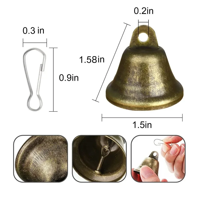 30PCS Metal Vintage Bells 38mm Opening With Spring Hook Pet Training Bells Christmas Bells Decoration Wind Chimes DIY