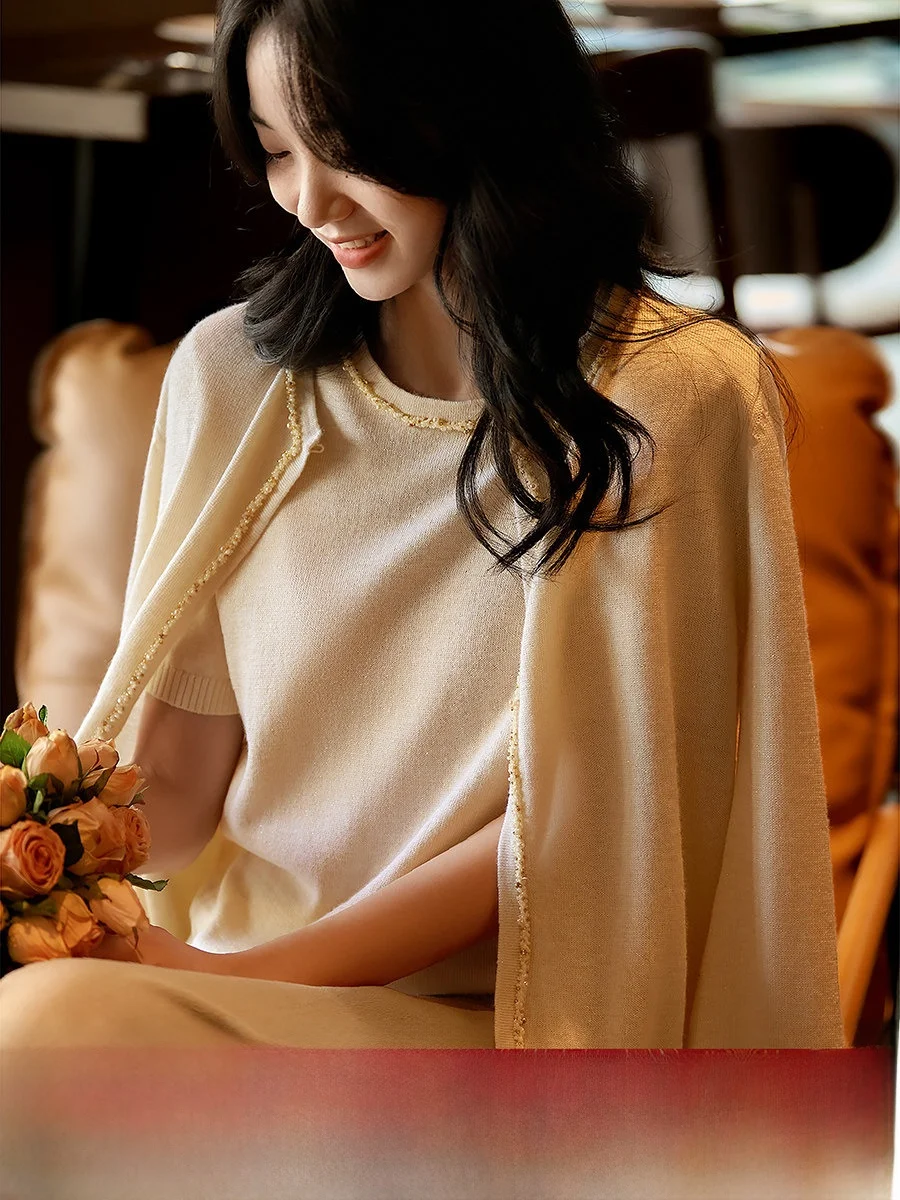 

Hanrted Yangzhou Шелковый шерстяной вязаный комплект открытого кардигана ort Sve Ele Sle Medium Softn Pure Color Женский трикотаж