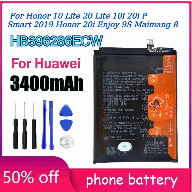 

HB396286ECW 3400mAh 3.82V Phone Battery for Huawei Honor 10/20 Lite 10/20i P Smart 2019 Honor 20i Enjoy 9S Maimang 8 +Tools