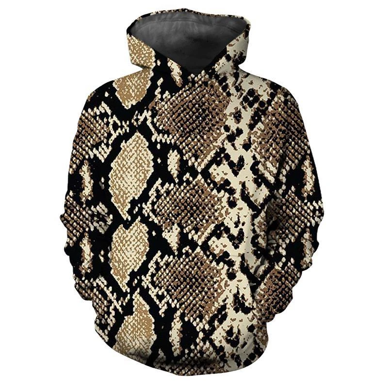 Large size snakeskin hooded sweatshirt for men, custom pattern, long sleeve, 3D, animal skin pattern, fashion trend, streetwear