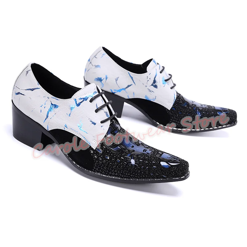 Luxury Genuine Leather Lace-Up Dress Shoes for Men Pointed Toe Chunky Heel Rivet Decor Loafers Male Wedding Dress Oxfords