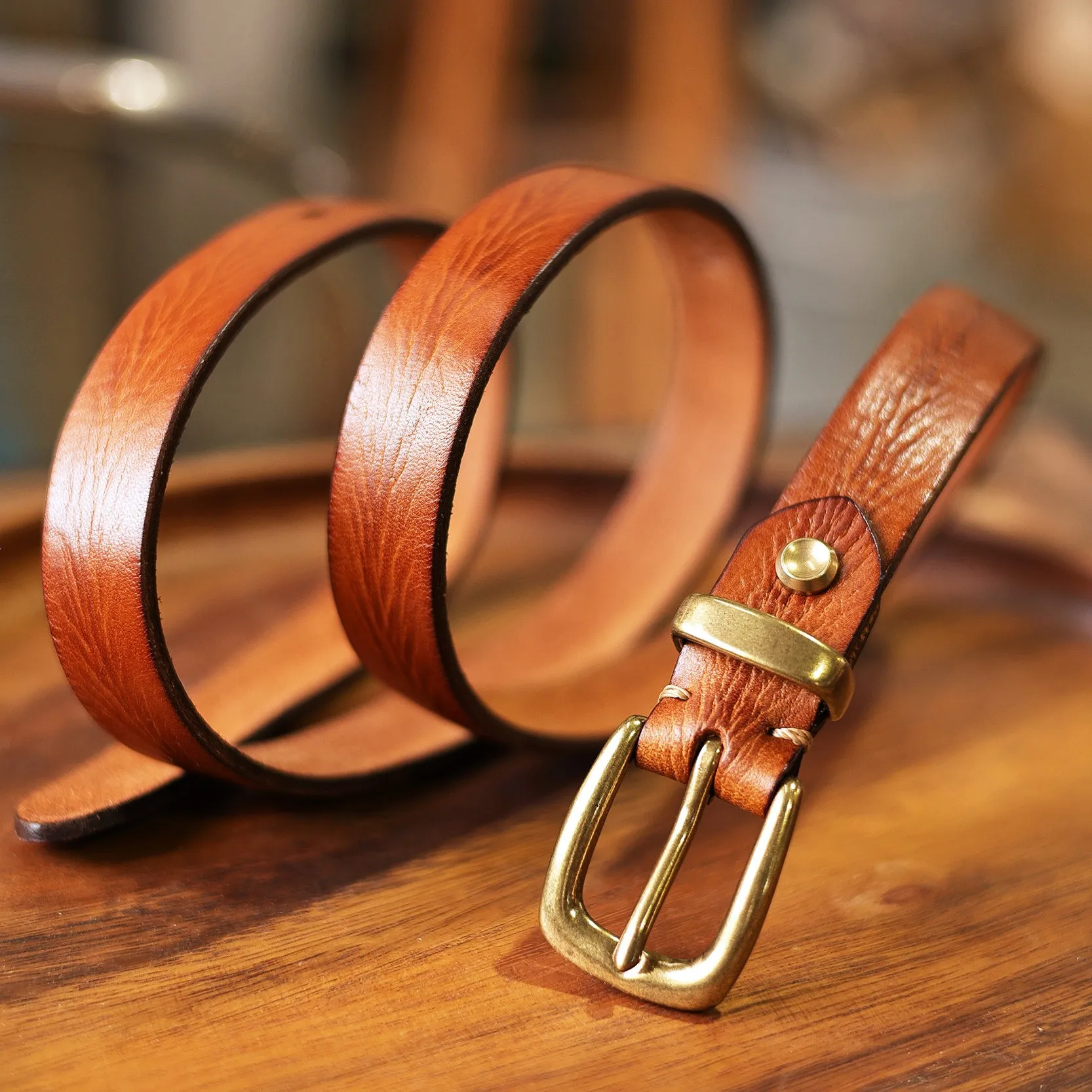Vintage Washed Distressed Top Layer Leather Belt 2.3cm Narrow Unisex Copper Buckle Adjustable Genuine Leather Jeans Waist Belt