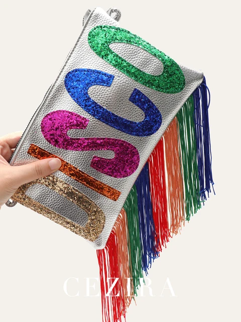 Damska luksusowa metaliczna kopertówka ze skóry PU moda cekinowe litery kolorowe frędzle frędzle kwadratowy długi łańcuszek crossbody data