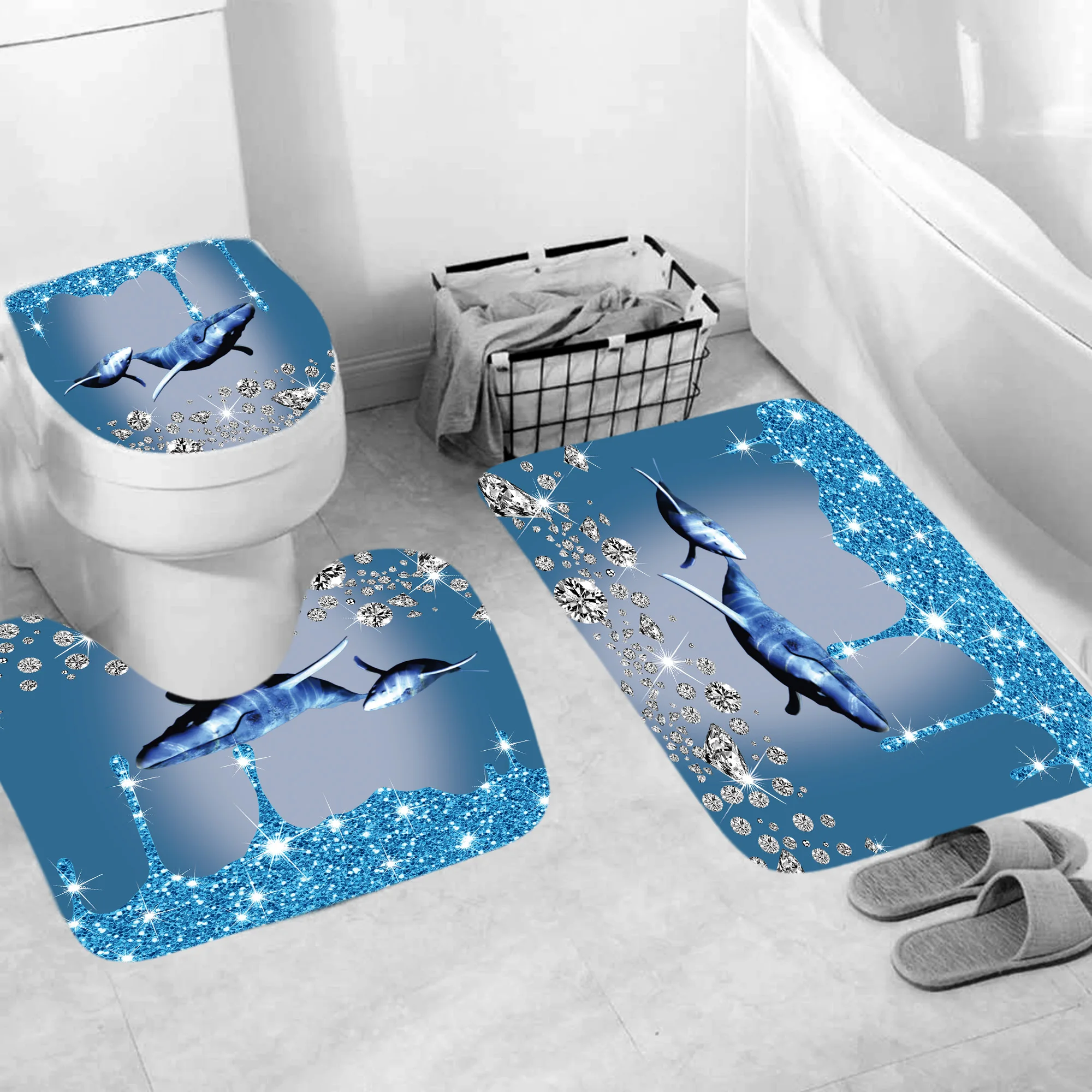 1PC/4PCS Bathroom shower curtain set, Blue Diamond Shark Shower curtain set, non-slip bath mat Shower curtain set with shower cu