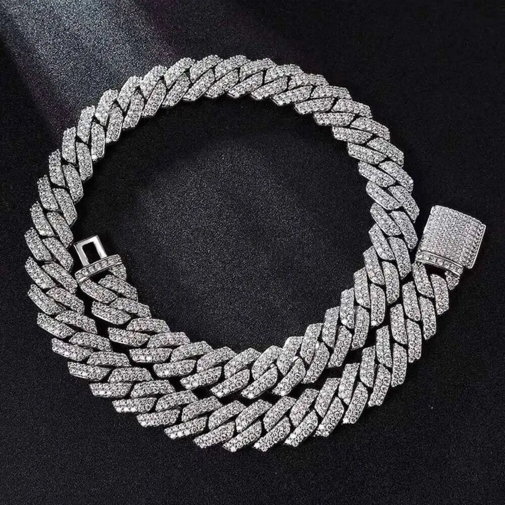 Luxury 14mm Miami Prong Cuban Chain Gold Plated 2 Rows Iced Out Round Vvs Moissanite Necklace Hip Hop Jewelry Cuban Link Chain.