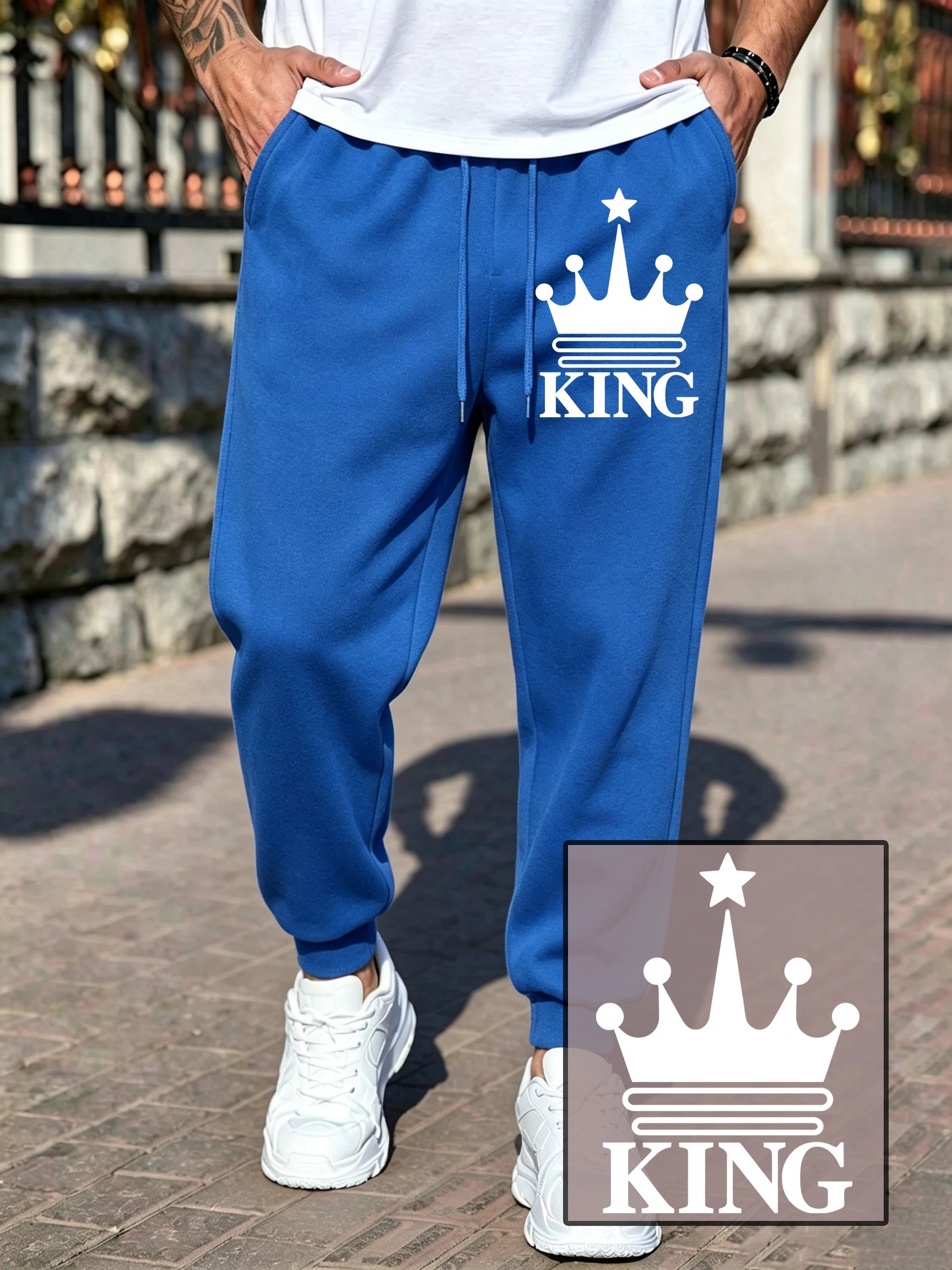 Creative King Crown Print Men'S Jogging Pants Fashion Autumn Sweatpant Pocket Fleece Trousers Drawstring Casual Streetwear