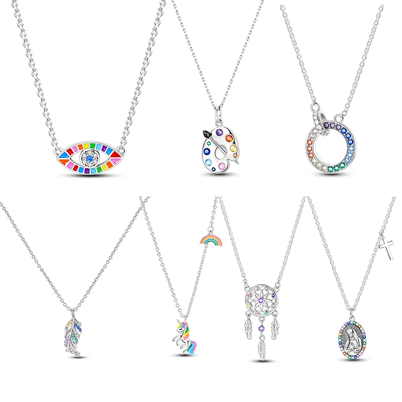 Rainbow Unicorn Necklace 925 Sterling Silver Original Colorful Zircon Feather Dream Catcher Pendant Chain Link For Women Jewelry