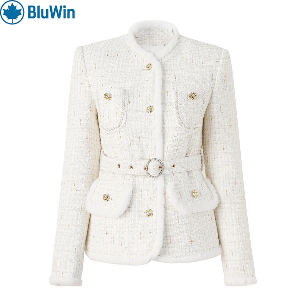 

BluWin 2025 Осенне-зимняя белая шерстяная куртка с завязками – женское элегантное неокитайское лоскутное пальто с воротником-стойкой