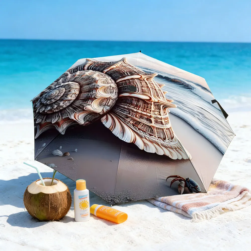 1PC Seashell Art Umbrella by the Lake Print 8 Iron Ribs Folding Umbrella Auto-Open Fashion Sunshade