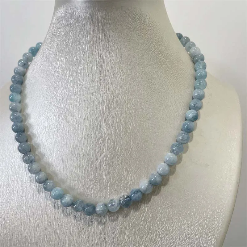 8MM Aquamarine Jade Necklace Blue Natural Stone Beads Jewelry Health Care Gemstone Protection Choker Healing Yoga Simple Female