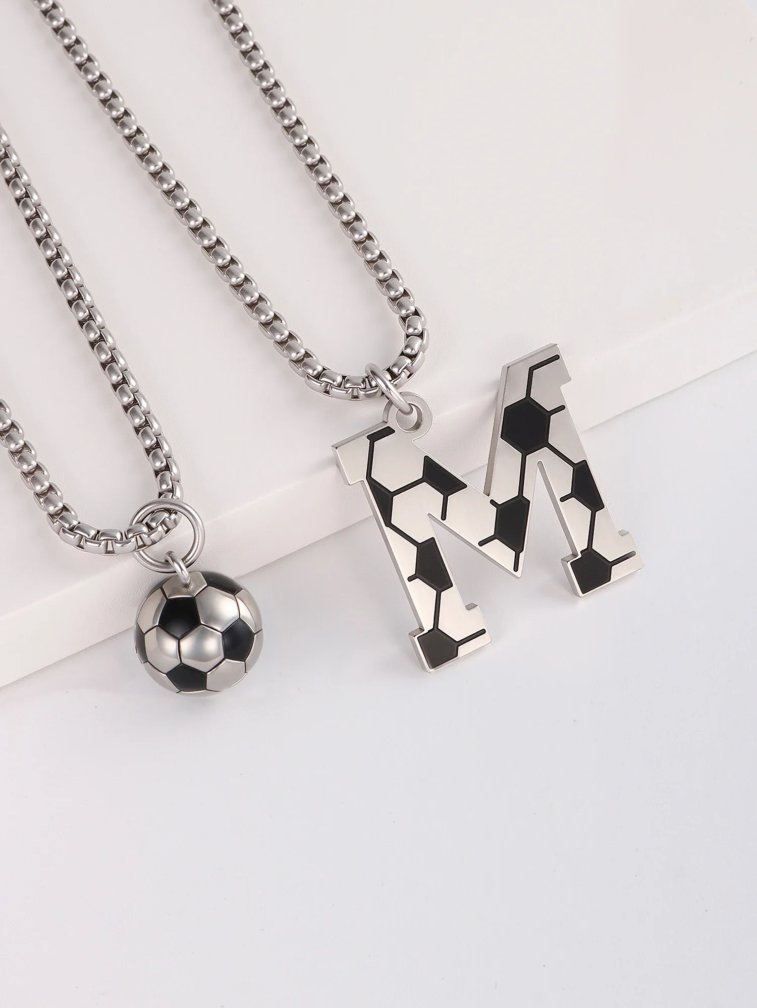 2PCs/Set INGAX Sporty Stainless Steel Initial Football Letter Necklace Men Soccer Necklace Set for Men Jewelry Birthday Gift