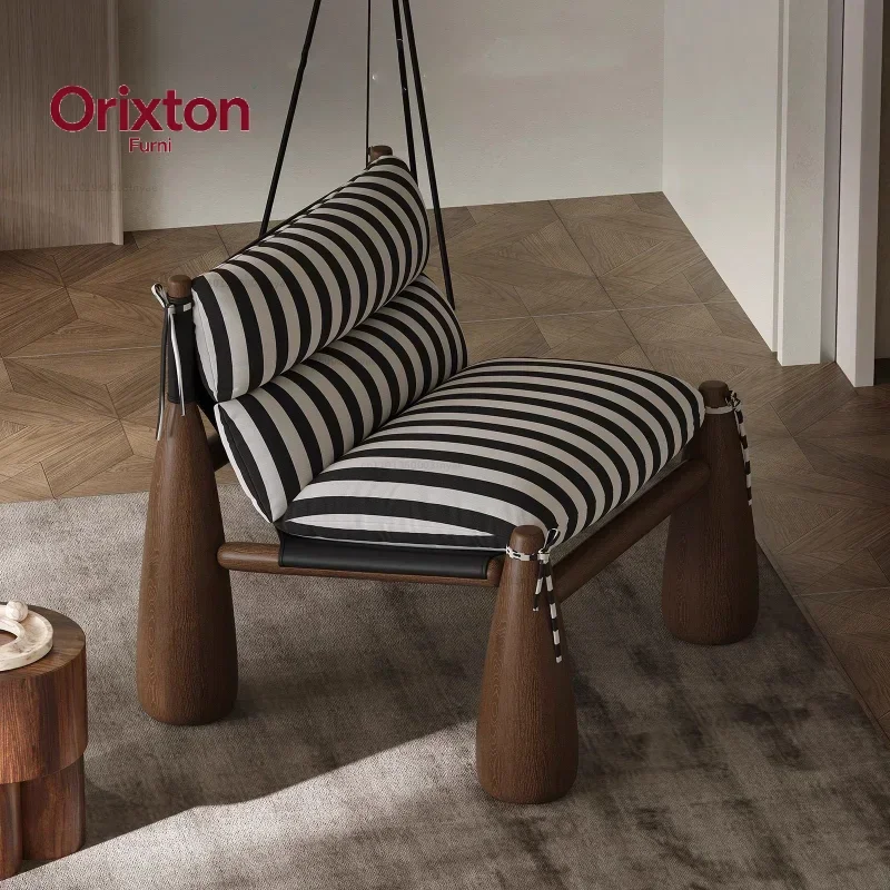 Mid Ancient Style Solid Wood Baseball Chair, Designer's Striped Fabric Single Person Leisure Chair, Atmospheric Sofa Chair