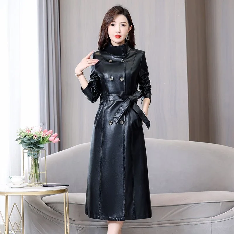 New Women Leather Jacket Trench Coat Autumn Winter Fashion Stand Collar Double Breasted Lace-up Slim Long Leather Coat
