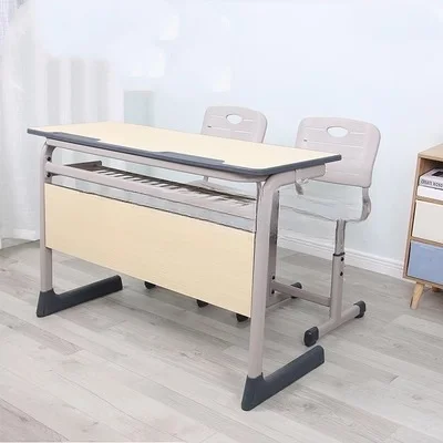 Adjustable egornomic school table and plastic seat chair 2 people classroom 2 seater study plywood metal desk set for sale