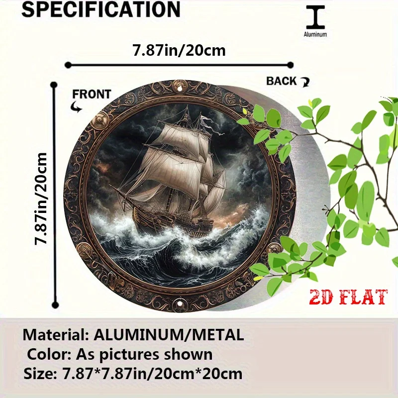 HD Tin Sign, Vintage Sailing Ship in Storm Round Metal Wall Art, Nautical Ocean Decor for Home Living Room Bar