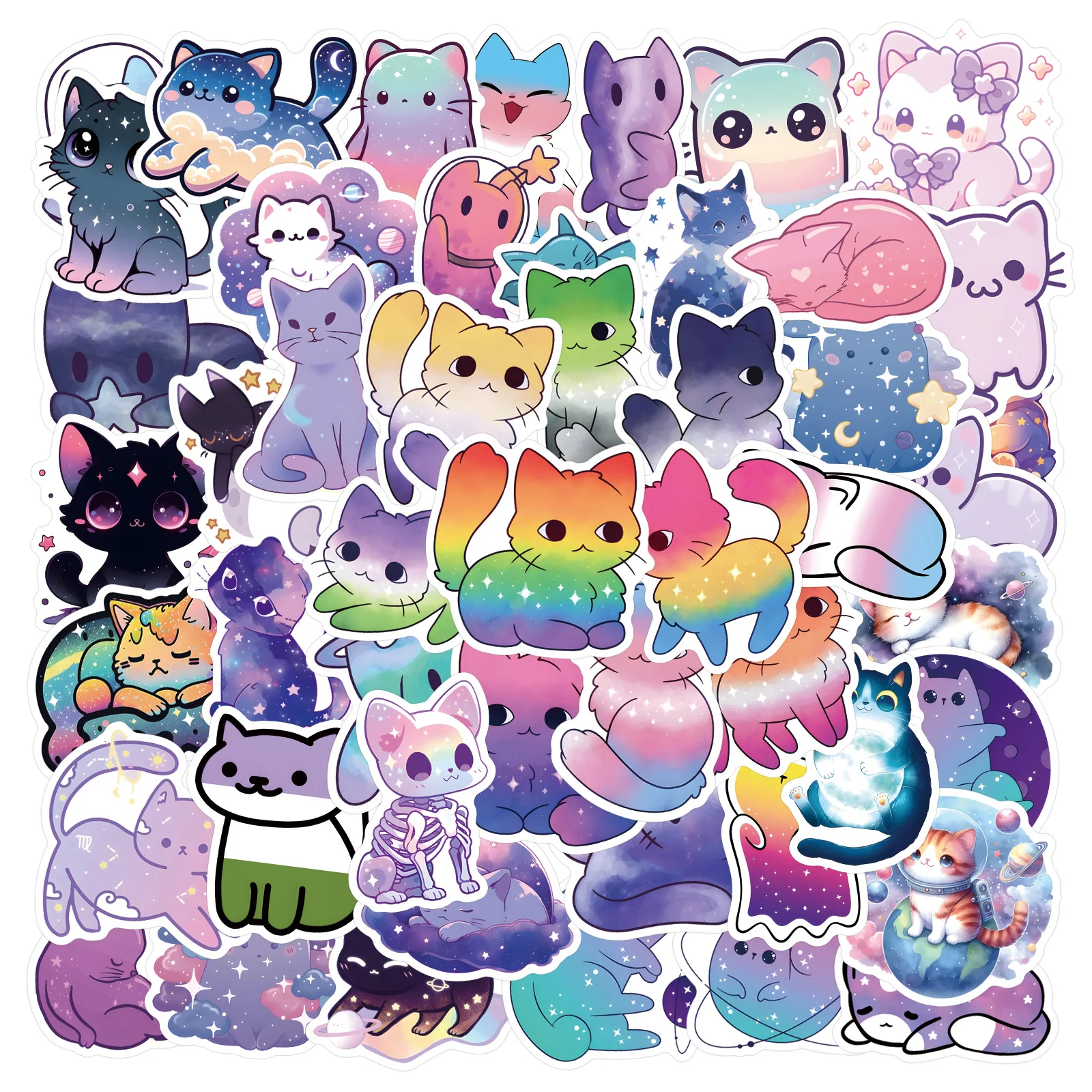 10/55PCS Kawaii Colourful Astral Cat Stickers Cartoon Decoration Decals Graffiti Guitar Suitcase Phone Diary Cute Sticker Toy