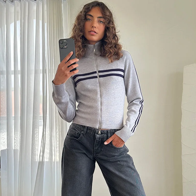 

Patchwork Cropped Jacket Women Y2k Zip Up Retro Track Outwear Korean Streetwear Gorpcore Stand Collar Stripe Jackets Female New